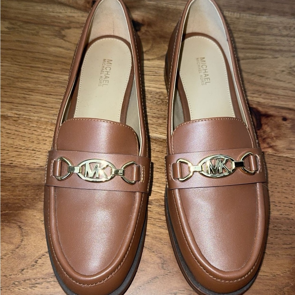 Michael Kors Tan Leather Loafers with Gold Accent